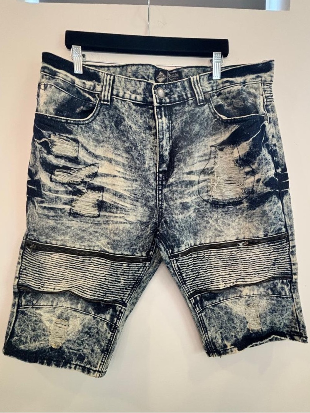 Road Narrows Moto Denim Shorts 38 Distressed Acid Wash Blue Biker Zipper Punk